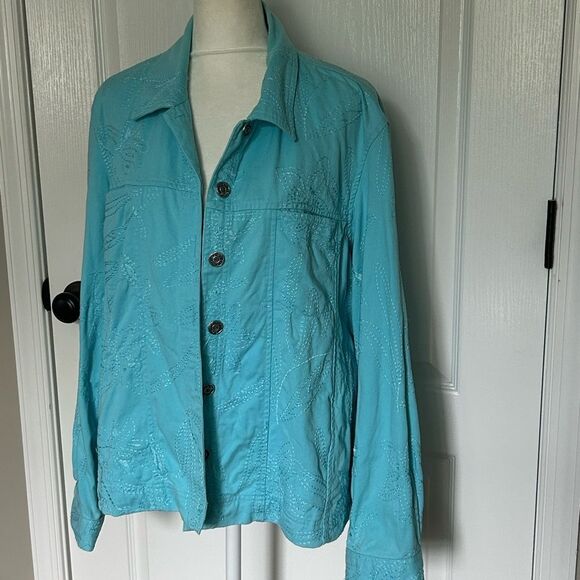 Studio Works Women’s Turquoise Blue Embellished Jacket 100% Cotton Size Large - Picture 2 of 14